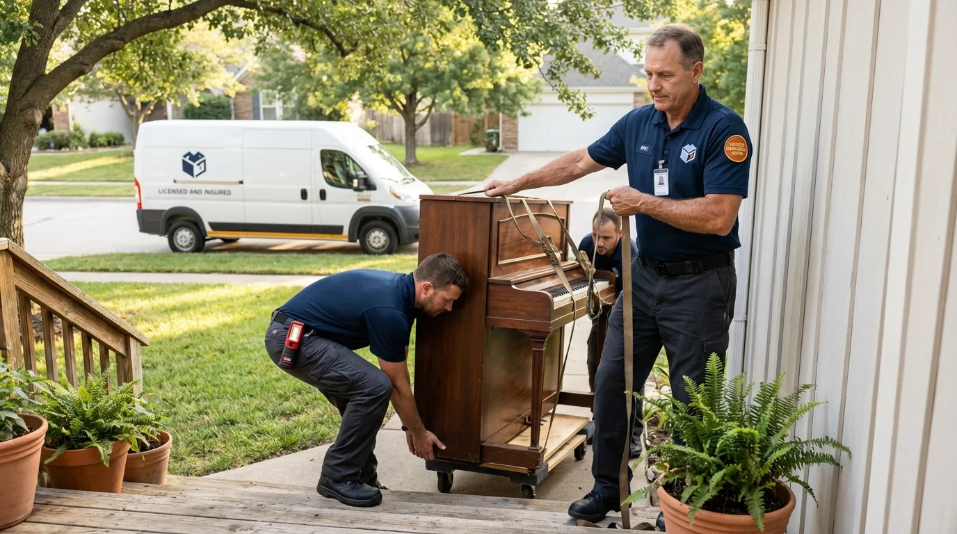 Licensed piano movers securing grand piano in Dyer, IN