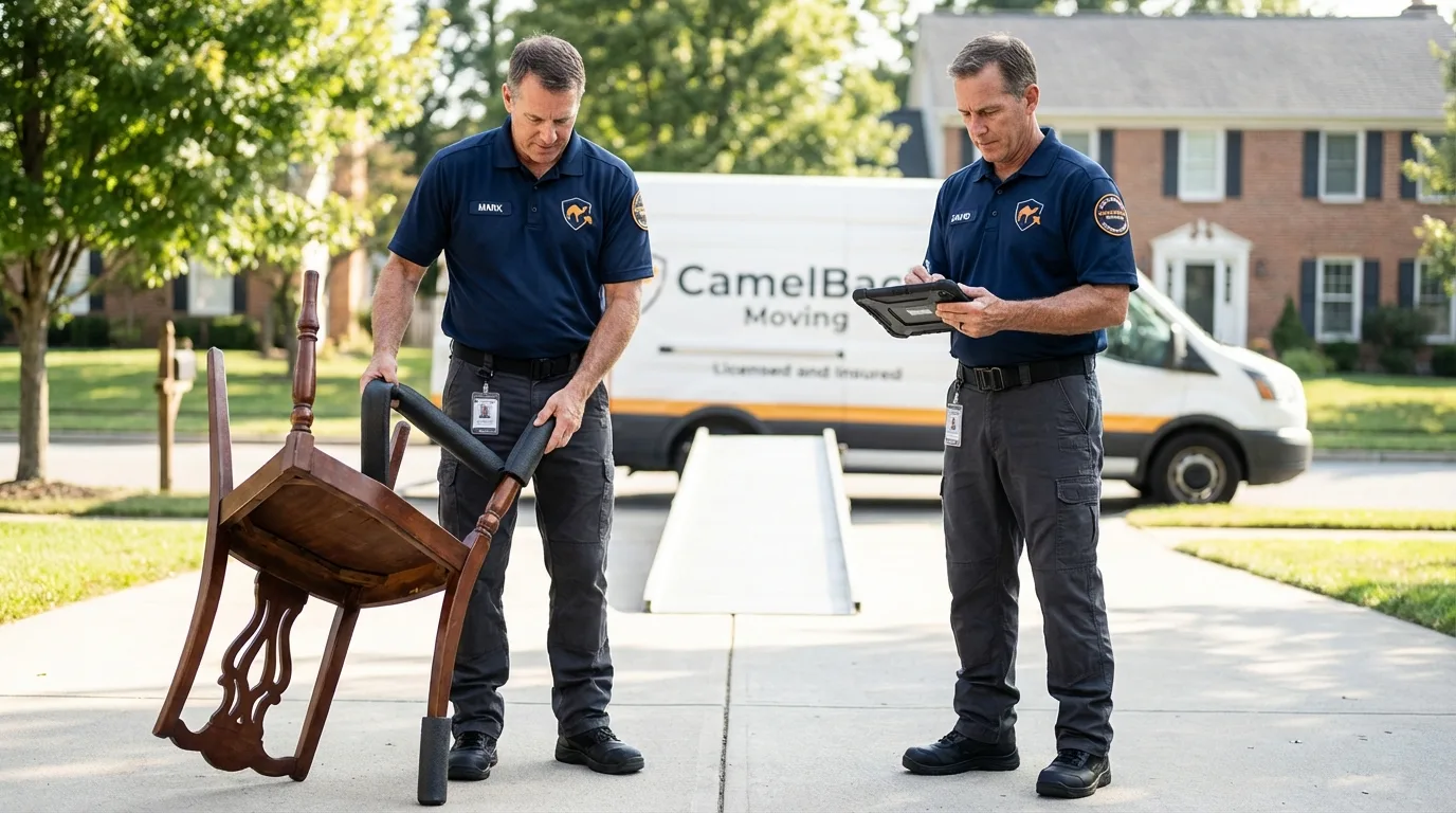 Movers inspecting furniture for damage prevention before loading in Dyer, IN